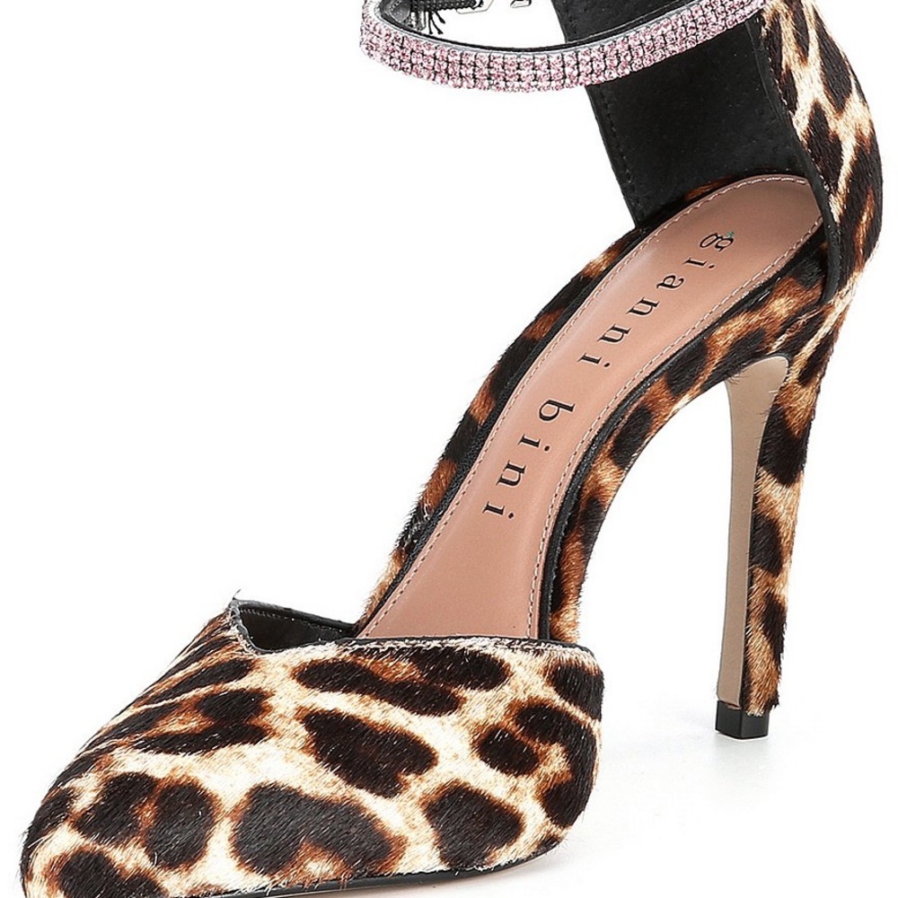 Gianni Bini Jesika Leopard Print Calf Hair Bling Ankle Strap Pumps sz 6 M - Picture 5 of 11
